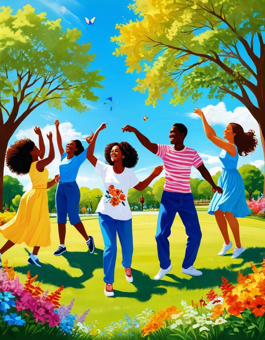 A vibrant and uplifting scene illustrating a diverse group of people engaged in joyful activities, such as dancing in a sunny park, sharing laughter, and planting flowers. The background features a bright blue sky, colorful trees, and blooming flowers. Include elements that symbolize positivity, like sunny rays, butterflies, and smiling faces. super-realistic. vibrant colors. cheerful atmosphere.
