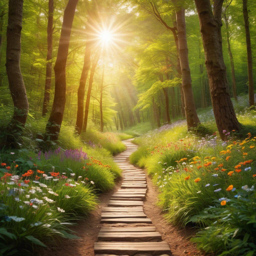 A serene landscape depicting a winding path leading through a vibrant forest, symbolizing the journey from medications to a positive mindset. Include elements like blooming flowers and butterflies representing happiness and health. A person meditating on the path, radiating a warm glow, showcases inner peace. Bright sunlight filtering through the trees enhances the uplifting mood. soft-focus photography. vibrant colors. natural light.
