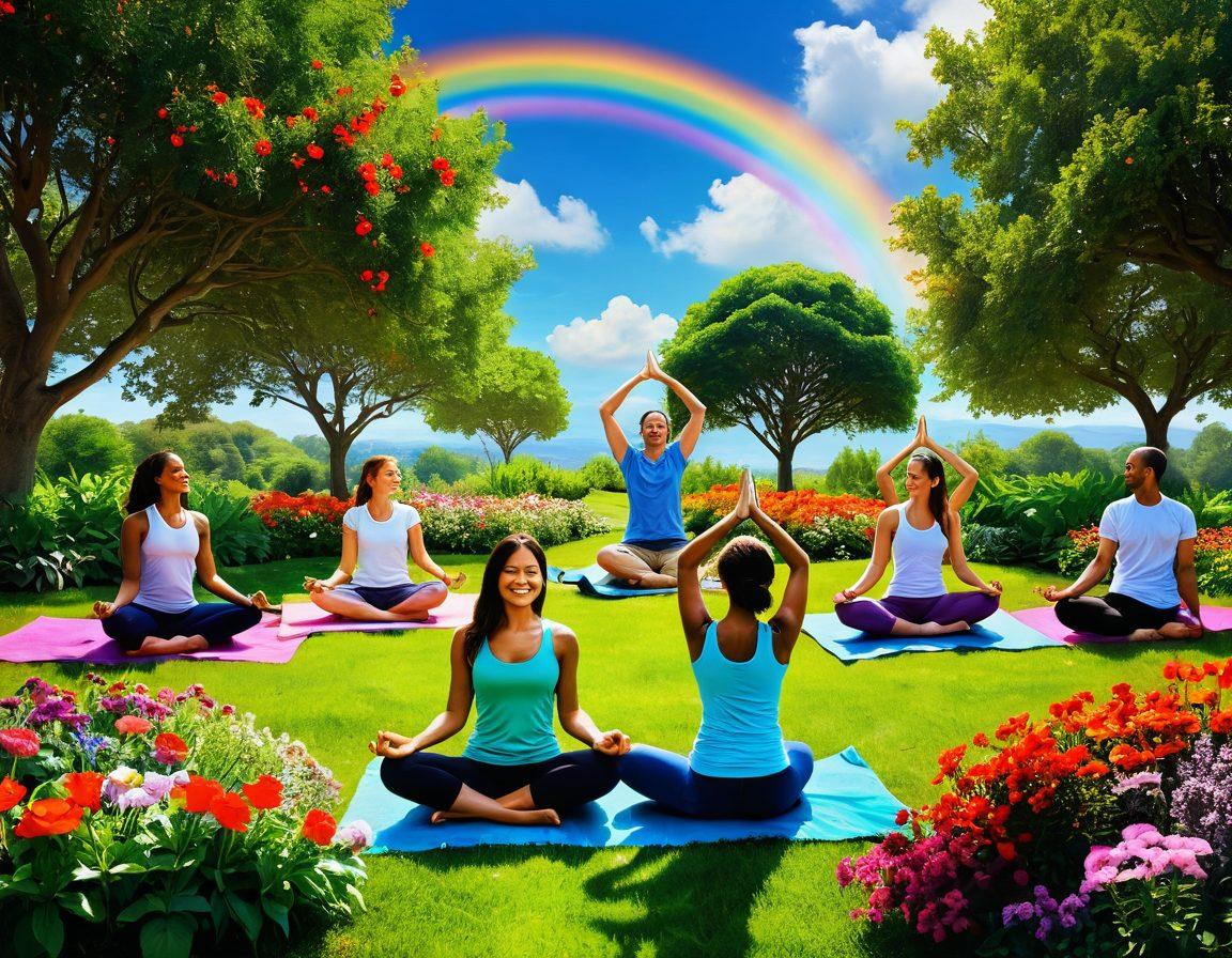 A serene scene depicting a diverse group of people engaged in joyful activities like gardening, yoga, and meditation in a lush green park filled with vibrant flowers and sunlight. In the background, a radiant sky symbolizes optimism with a rainbow arching across it. Include elements like laughter, connection, and healthy food baskets to emphasize well-being. super-realistic. vibrant colors. warm and inviting atmosphere.